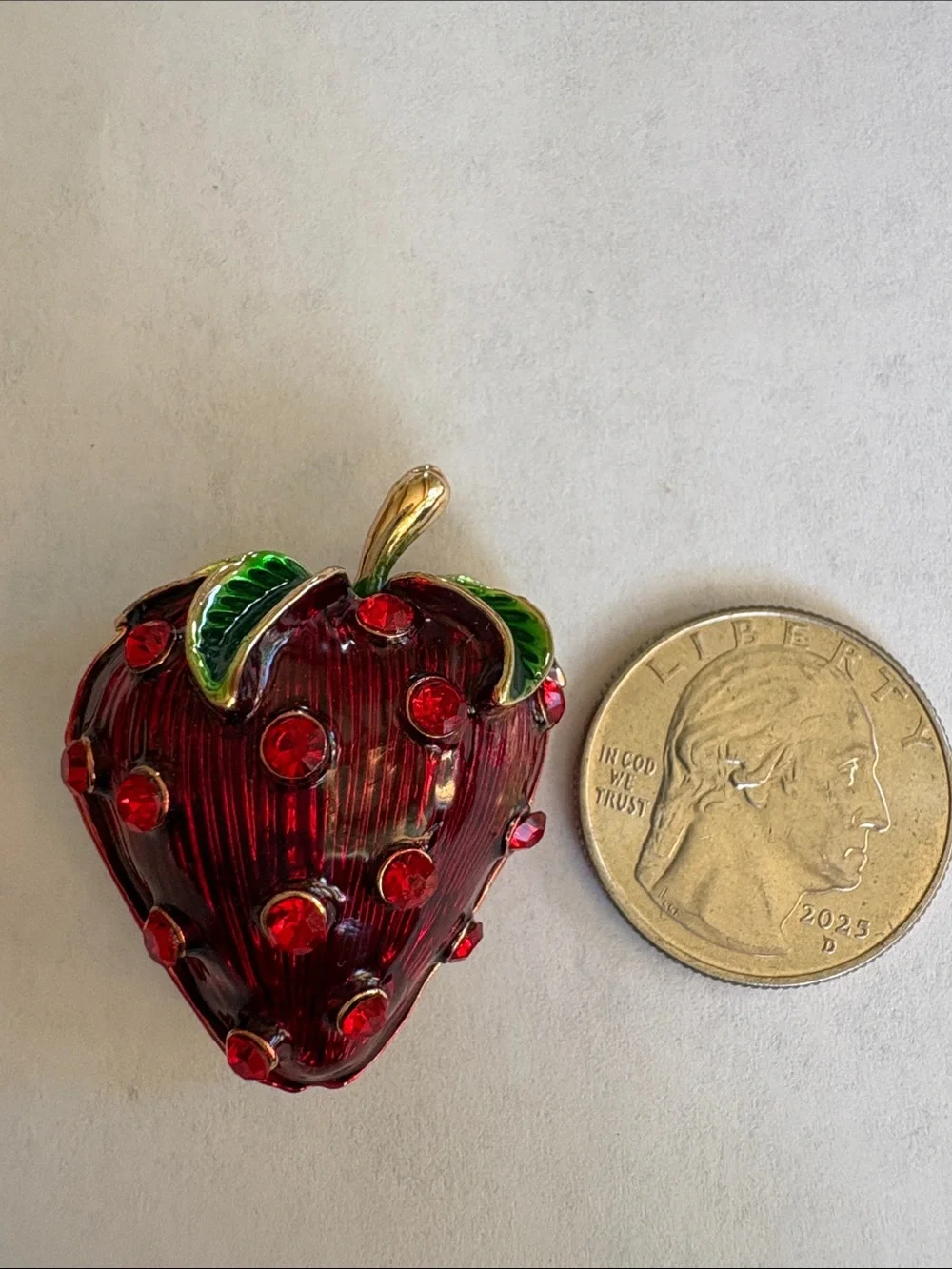 Red Crystal Strawberry Brooch with Green Leaf Accent